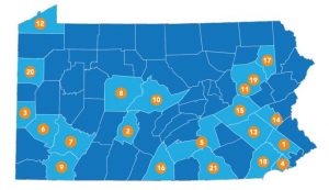 Map of Pennsylvania counties, showing the location of 21 Community Innovation Hubs.
